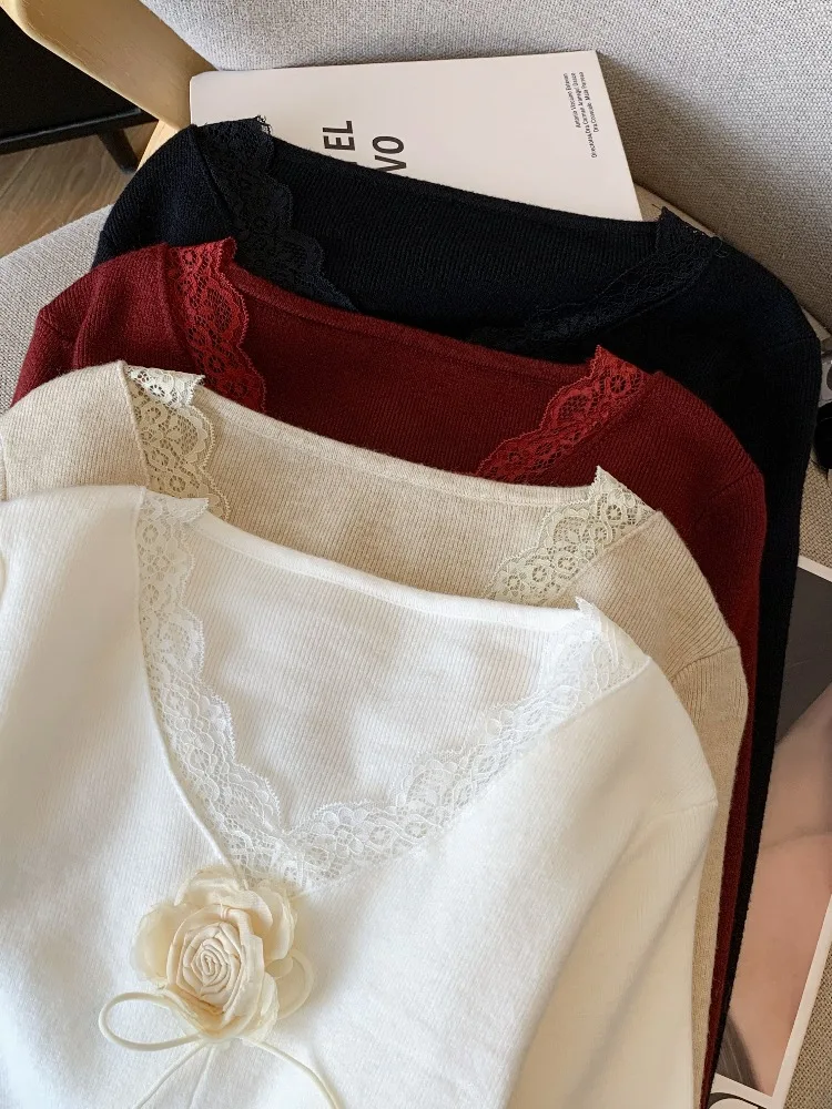 Французская кружевная вязаная футболка с v-образным вырезом в стиле пэчворк