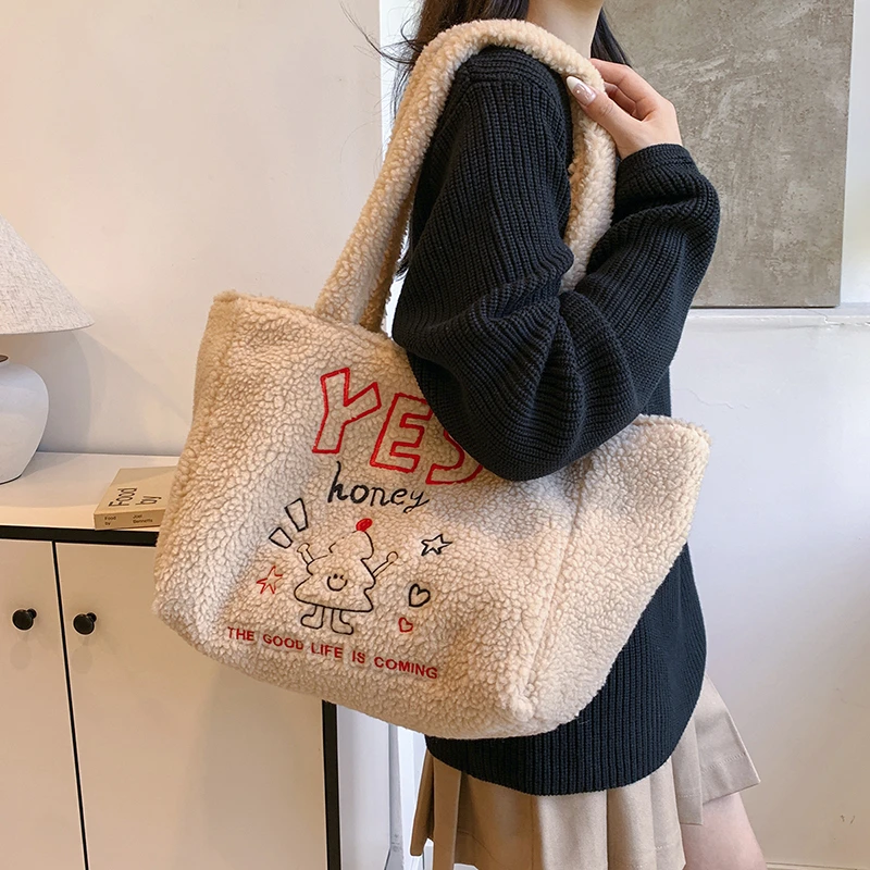 Зимняя теплая сумка через плечо из овечьей шерсти для женщин повседневная