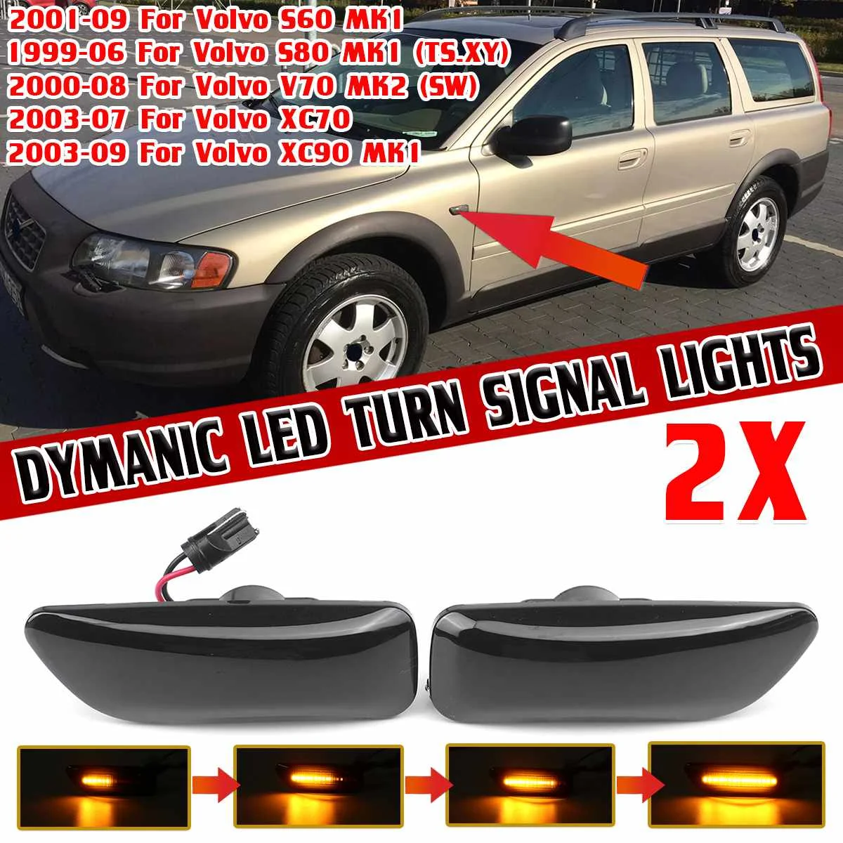 

2pcs LED Amber Side Marker Turn Signal Indicator Lights Dymanic Steady For Volvo S60 S80 V70 XC70 XC90 MK1