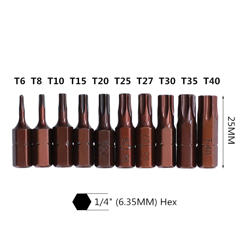

10pcs/lot 1/4 Inch S2 Alloy Steel 25MM Long Magnetic Torx Screwdriver Bits Set Tools T6 T8 T10 T15 T20 T25 T27 T30 T35 T40
