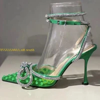 green crystal bow tie sandals pointy toe ankle strap stiletto high heel transparent pvc new arrivals summer shoes