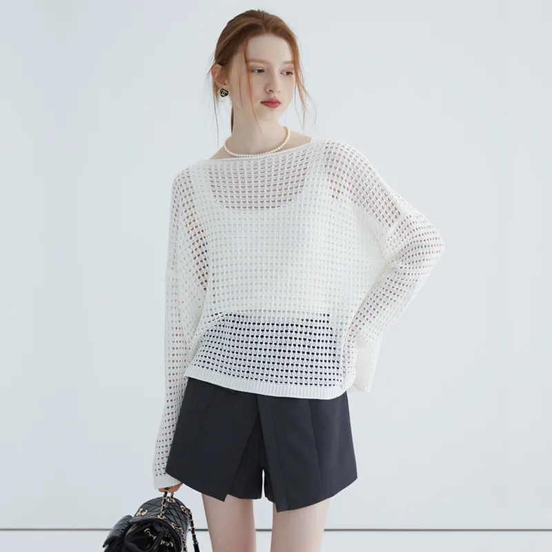 

Rayon White Long-sleeved Hollow Knit Shirt 2023 Summer New Thin Section See-through Loose Beach Net Shirt Tops Women