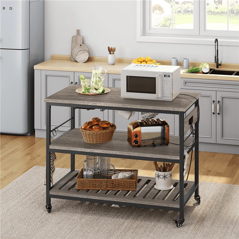 

Taupe Wood Rolling Kitchen Island with Storage Shelf, Glass Holder, and Outlets