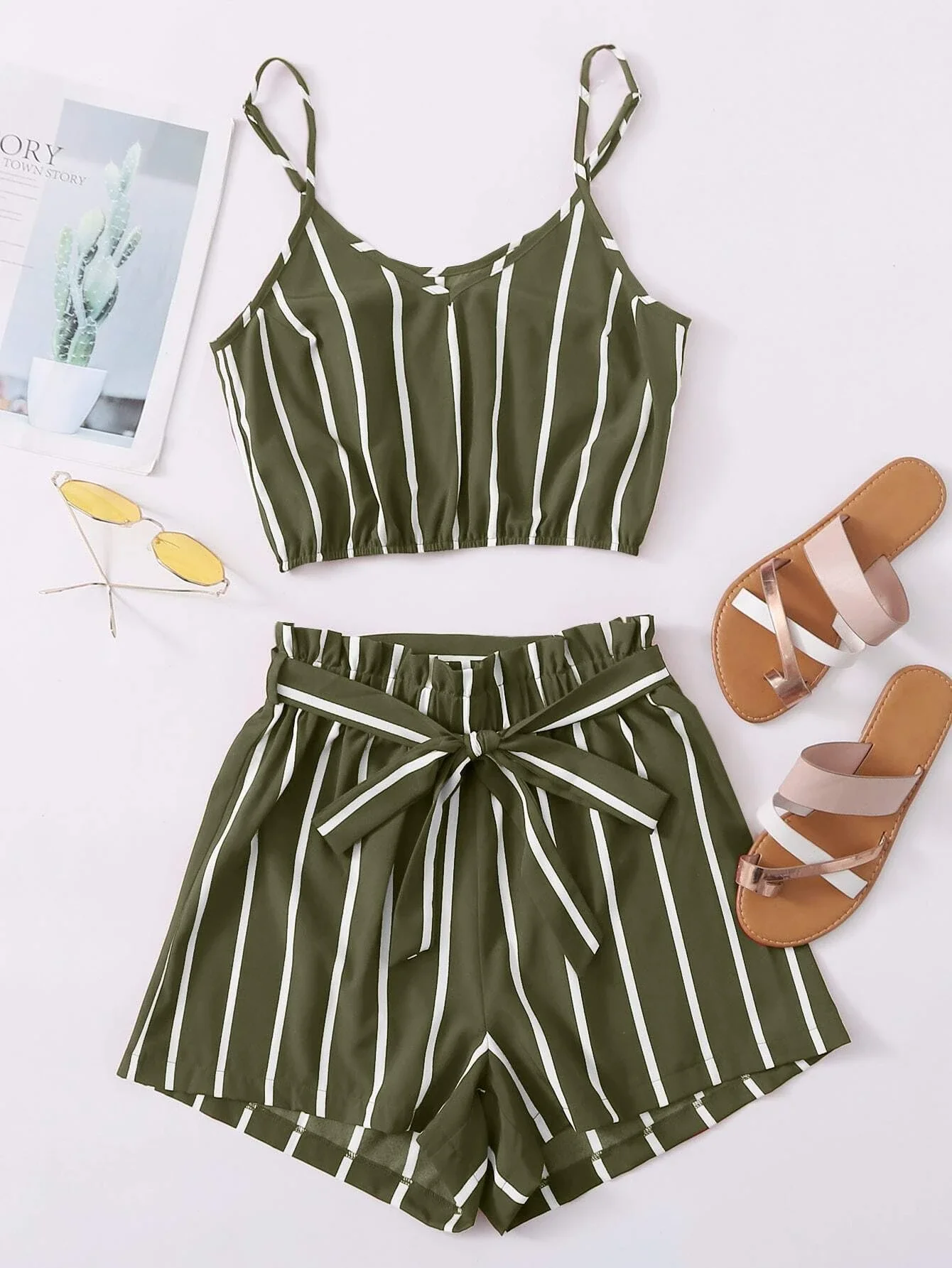 

Striped Cropped Top & Belted Paperbag Shorts Set