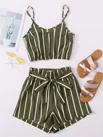 striped cropped top belted paperbag shorts set
