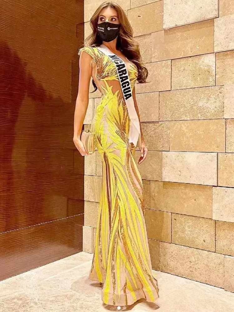 

Women Summer Fashion Sexy Mesh Sequins Yellow Maxi Long Bodycon Dress 2022 Elegant Mermaid Evening Party Dress Vestido