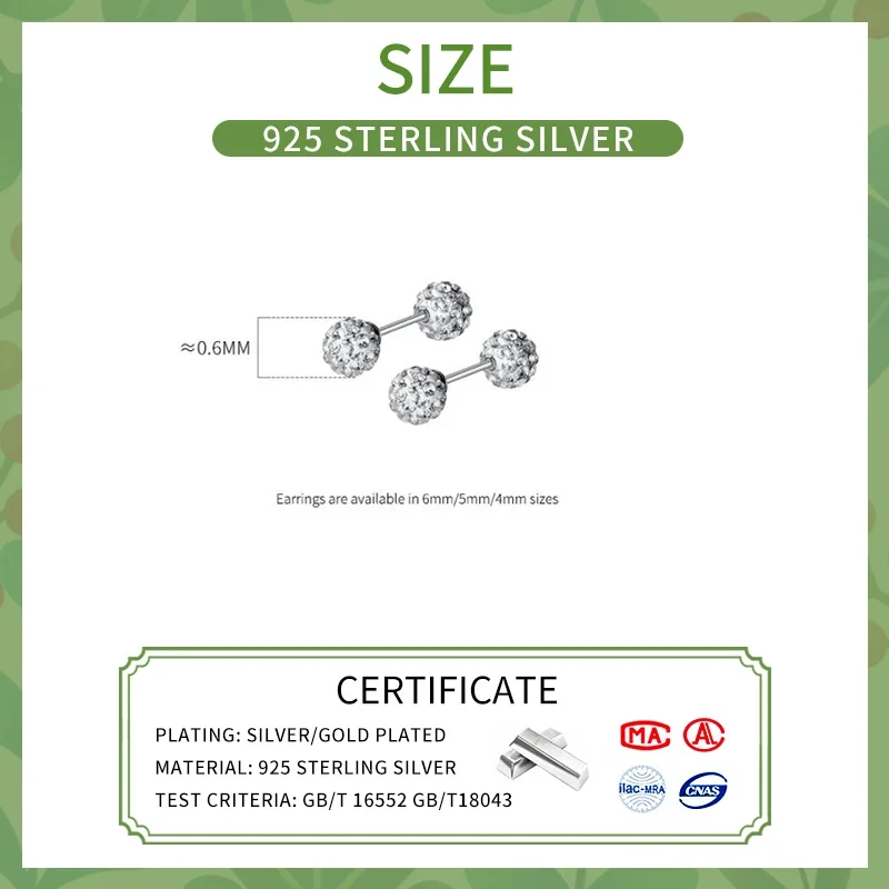 Серьги-гвоздики женские серебряные со сверкающими цирконами 4/5/6 мм