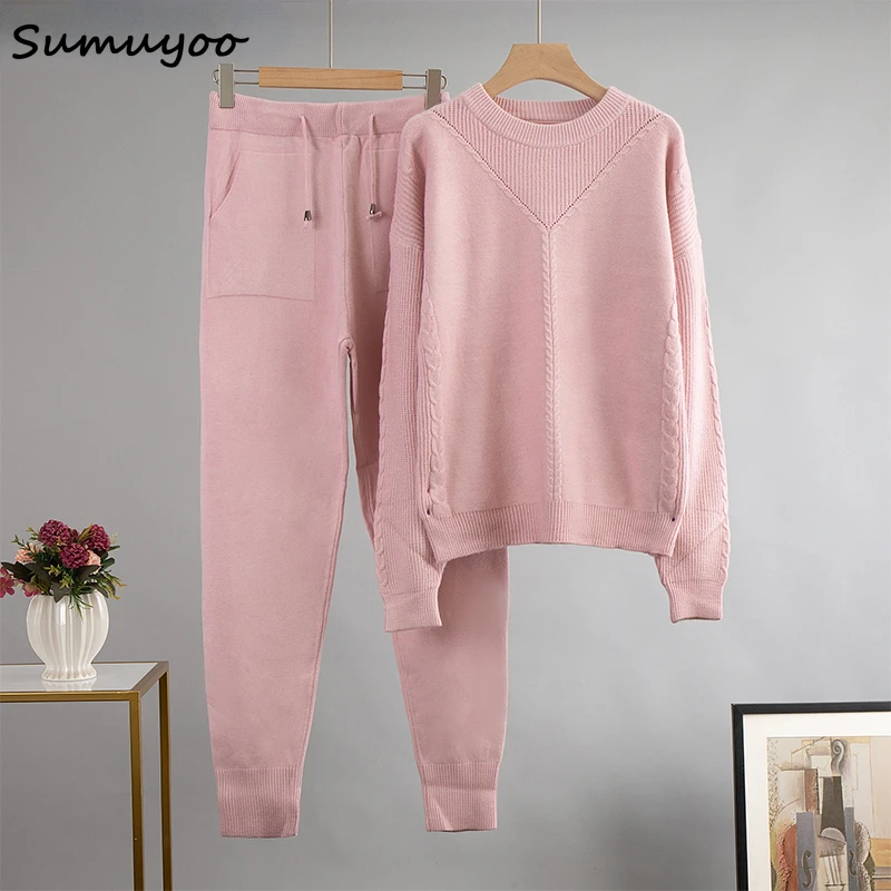 

Sumuyoo Autumn Oversized Two Piece Women Knitted Tracksuits Winter O Neck Sweater and Harem Pants 2 Piece Warm Set Outfits