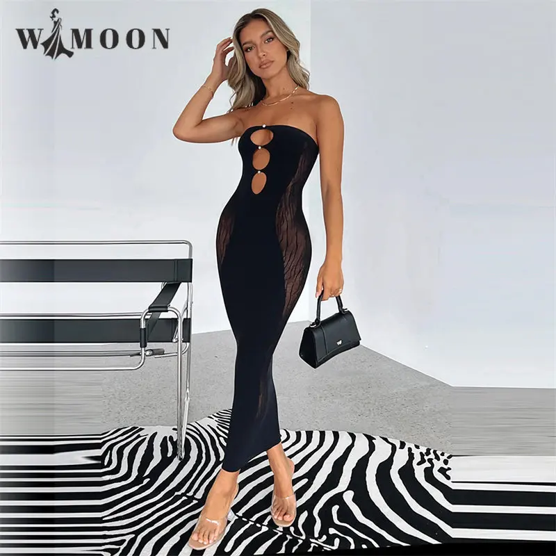 

Mesh Hollow Out Off Shoulder Bodycon Dresses Women 2022 Summer Black Sexy See Through Party Solid Club Strapless Long Dresses