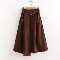women 2020 winter female vintage high elastic waist midi skirt with belt autumn korean style solid a line daily fashion skirts