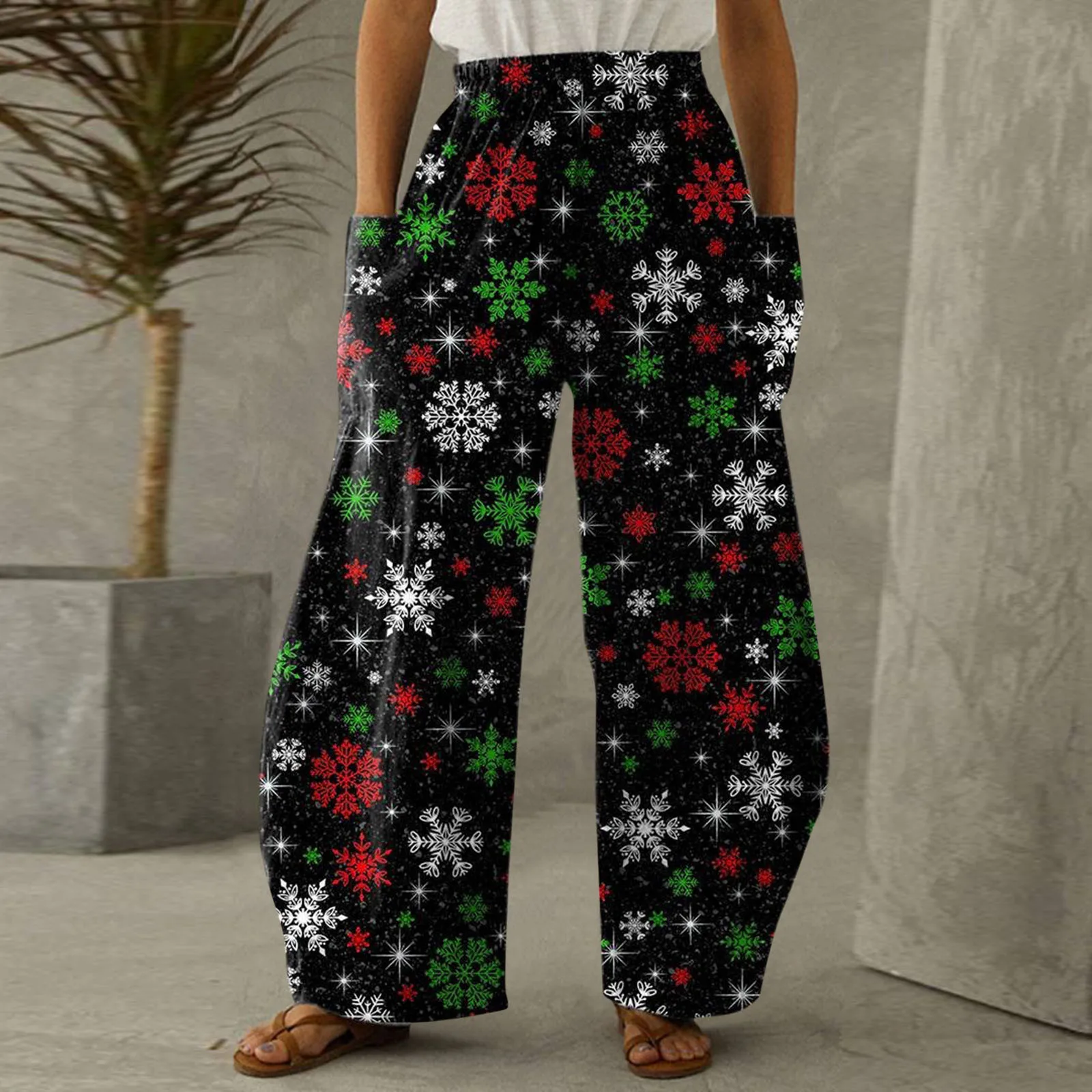 

Брюки женские с широкими штанинами, Модные свободные штаны с рождественским принтом, с большими карманами, повседневные Прямые штаны для бега