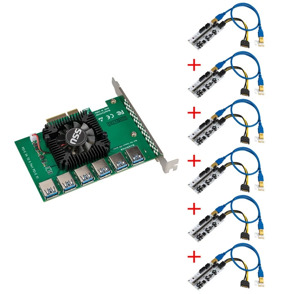 

6pcs PCI-E Express 4x to 16x Riser 010 Card Adapter PCIE 1 to 6 4 Slot PCIe Port Multiplier Card for BTC Bitcoin Miner Mining