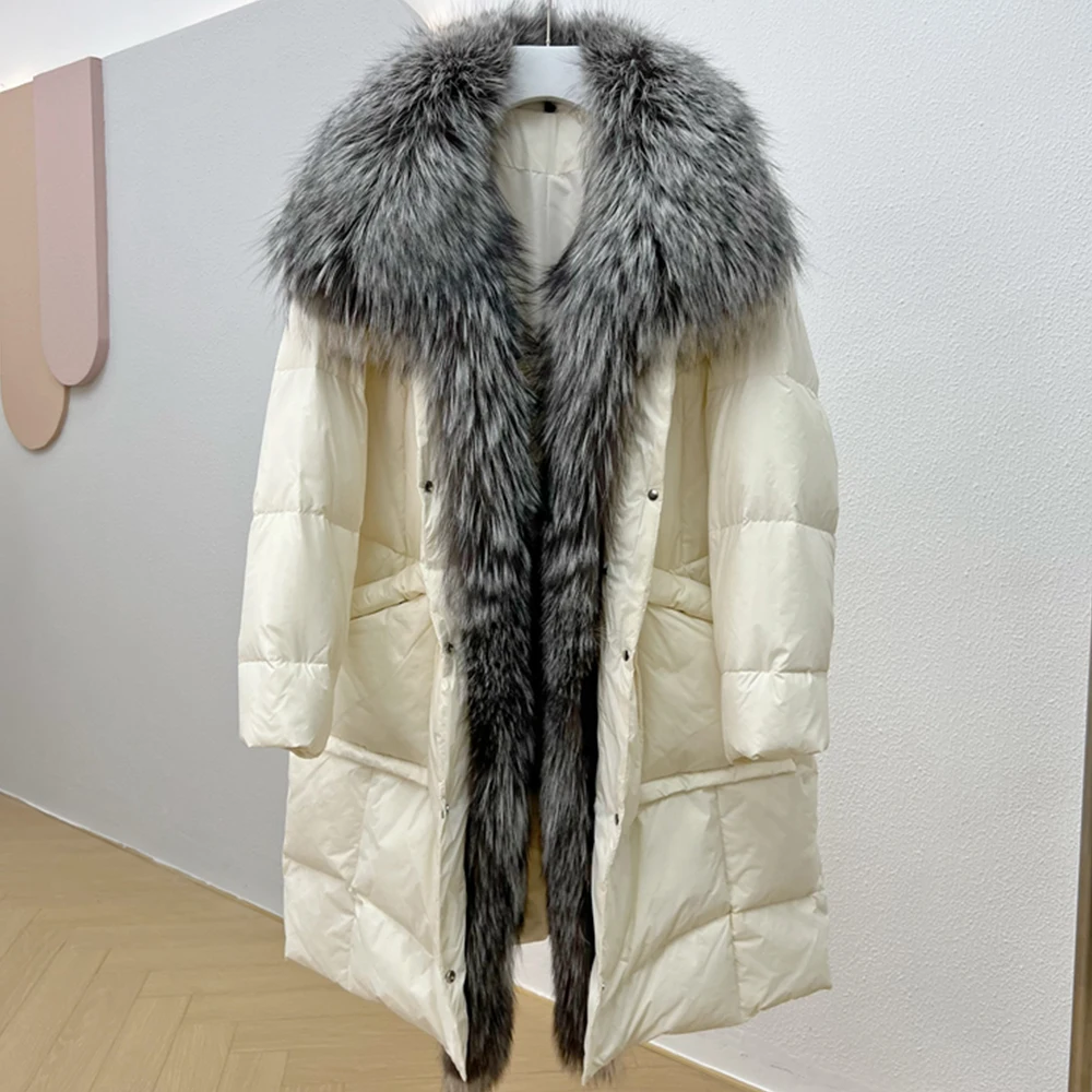 Furyoume High-end Winter Coat Women Thick White Duck Down Jacket Long Real Large Silver Fox Fur Collar Warm Outerwear Luxury