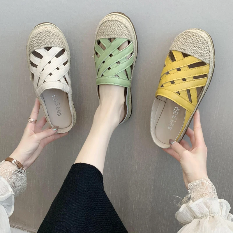 

Shoes Low Slippers Women Summer Fretwork Heels Slides Loafers Cover Toe Pantofle Flat 2022 Rome Fisherman Fabric Rubber PU
