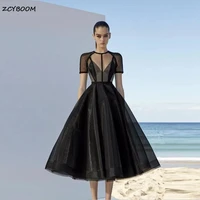 2022 black simple short sleeves a line prom party dresses heart type o neck tulle formal women evening dress tea length gowns