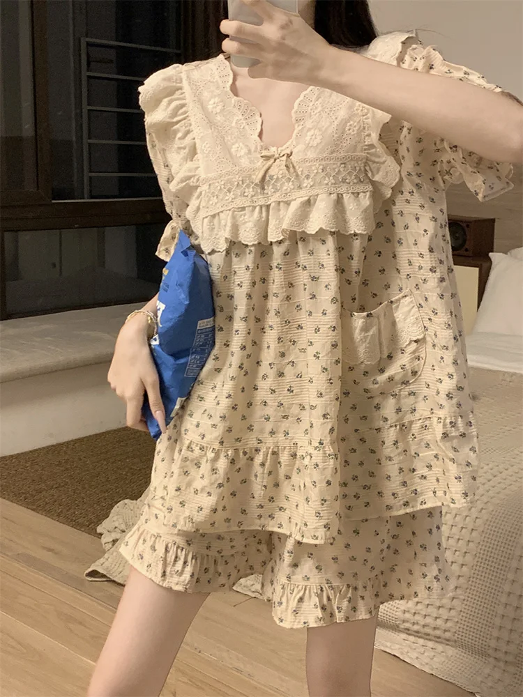 Пижама женская с цветочным принтом мягкий кружевной элегантный пижамный