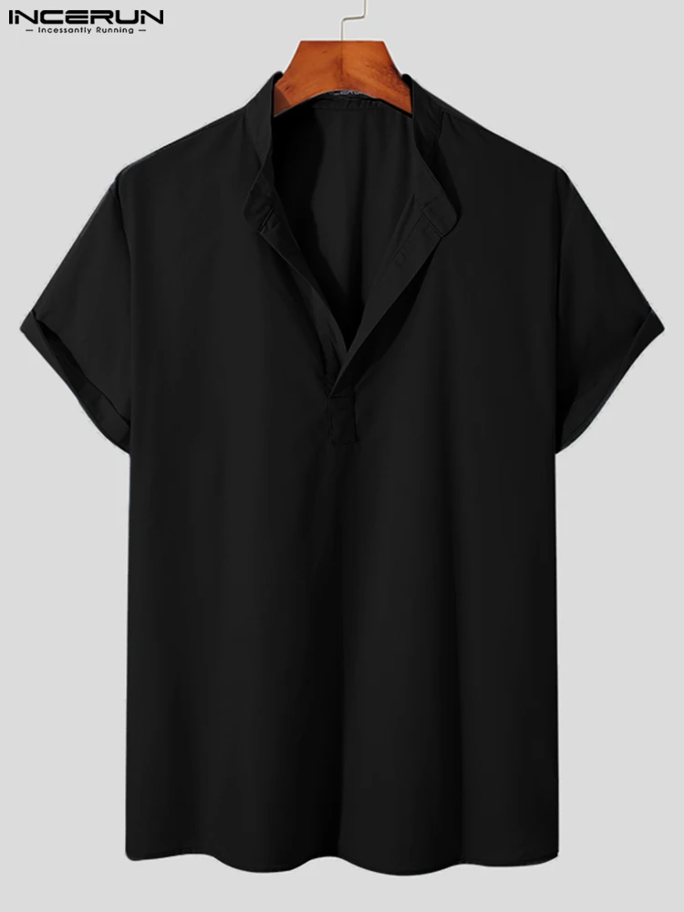 Fashion New Men's Tops INCERUN Short Sleeve Solid V-Neck Shirts Loose Comfortable Henley Shirts Summer Leisure Blouse S-5XL 2022