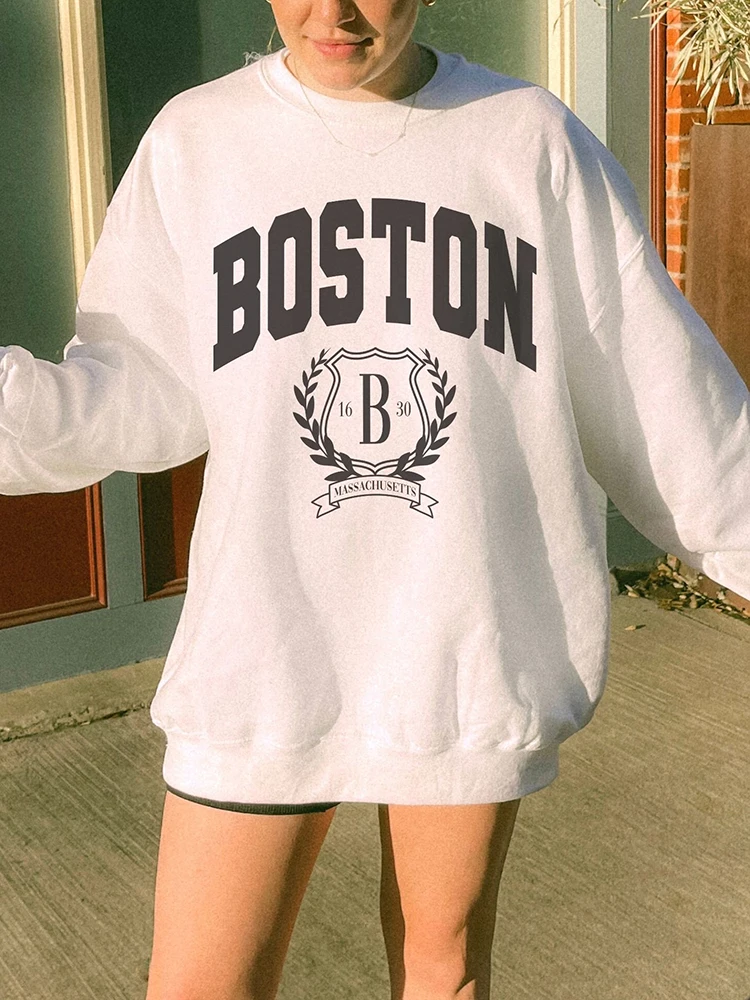 

Boston Letter Printed Sweatshirt for Women Casual Warm Long Sleeves O-Neck Hoodies Female All-Match Sweater Fashion Clothing