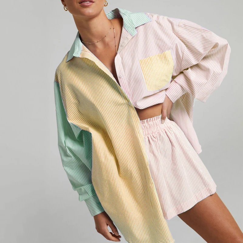 

Женский летний костюм из двух предметов, Повседневная рубашка с длинным рукавом и шорты, пляжные шорты