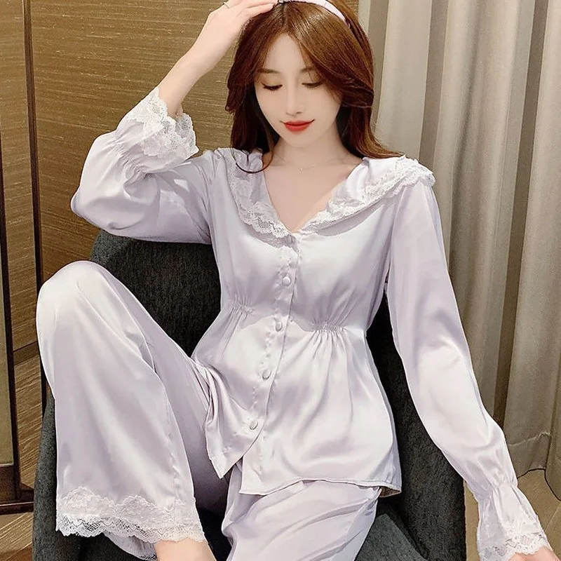 QWEEK Womens Pajamas Two Piece Sets Satin Silk Sleepwear Summer Autumn Solid Color Lapel Long Sleeved Trousers Pijamas Pyjamas