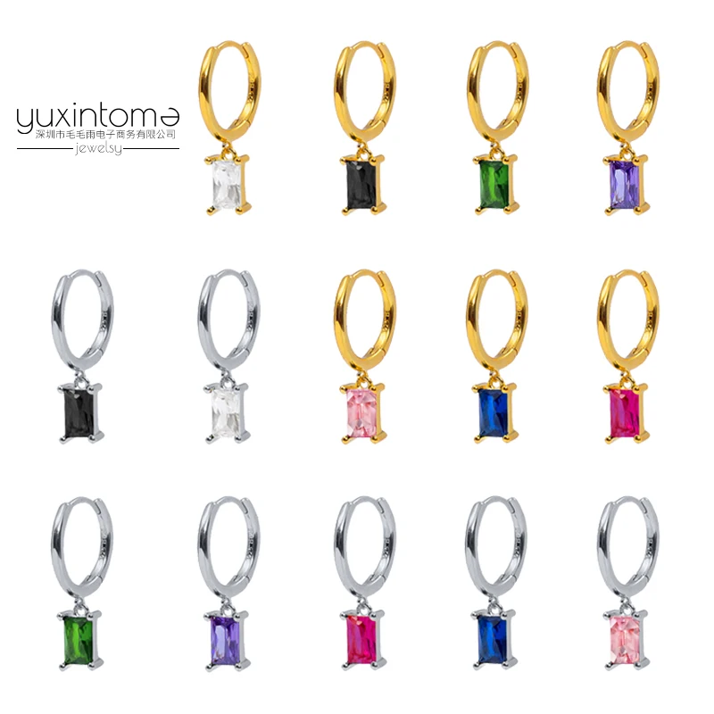 

925 Sterling Silver Ear Needle Geometric Square Zircon Hoop Earrings White/Purple/Blue/Rose Red Color Earrings Fashion Jewelry
