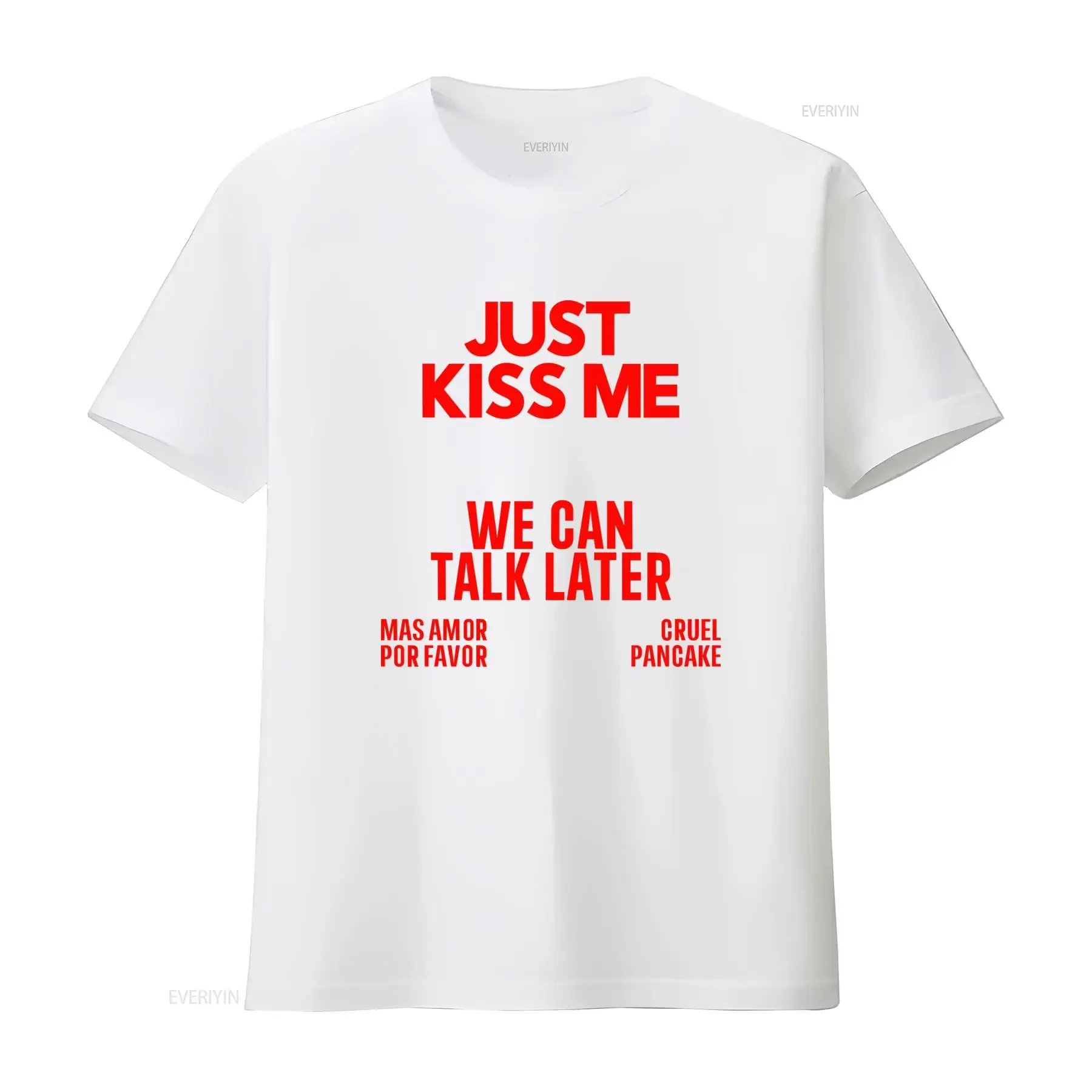 Фото Футболка с надписью «JUST KISS ME We Can Talk Later», забавная мем-футболка с цитатой для женщин и мужчин, винтажная, с эффектом потертости, дизайнерская одежда с графическим принтом, повседневная. №3