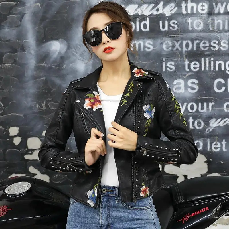 Autumn Floral Print Embroidery Rivet Faux Soft Leather Jacket Coat Lapel Collar Pu Motorcycle Black Punk Short Outerwea 2022