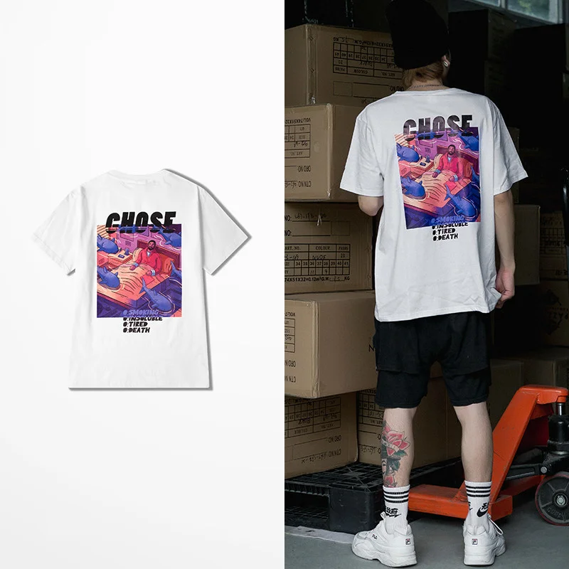 

New Arrive Fashion Cartoon Print T-shirts Men Lovers Couple Skateboard Summer T Shirt Male White Black Purple Top Tee