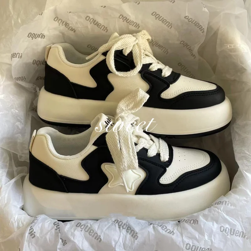 Black White Kawaii Shoes Women's Sports Casual Vintage Platform Sneakers Korean Vulcanize 2023 Spring Tennis Female Flats