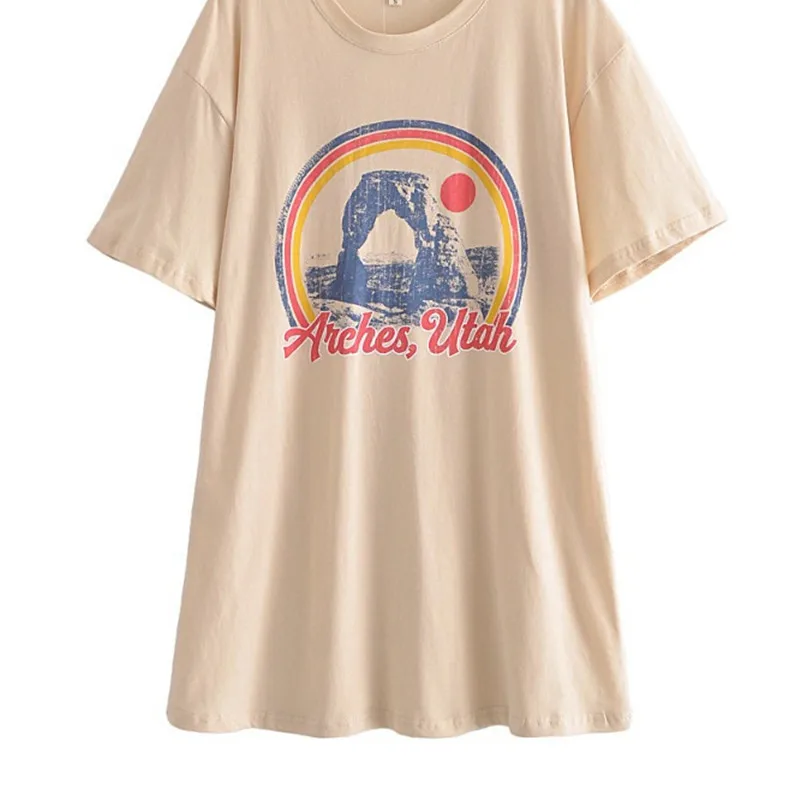 

Women's Casual Short Sleeve T-Shirt Sun Letter Rainbow Print 2022 Summer New All-Match Ladies O-Neck Loose T-Shirt
