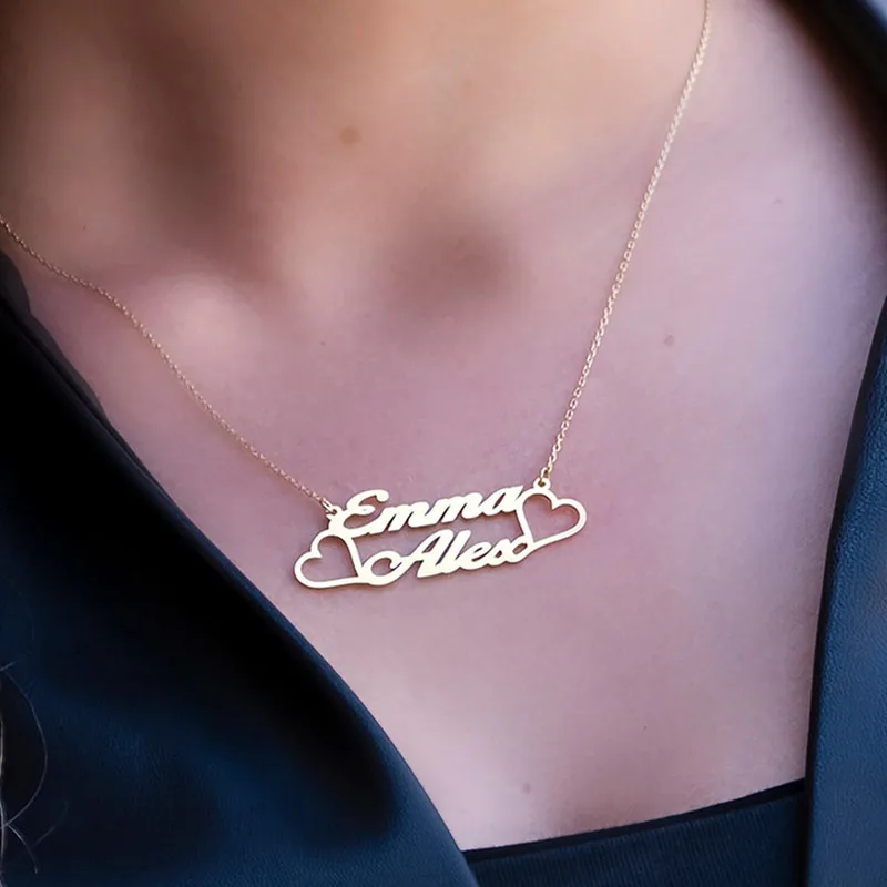 Custom Two Name Necklace for Women New Stainless Steel Gold Thin Chain Nameplate Heart Pendant Necklace Jewelry Birthday Gifts