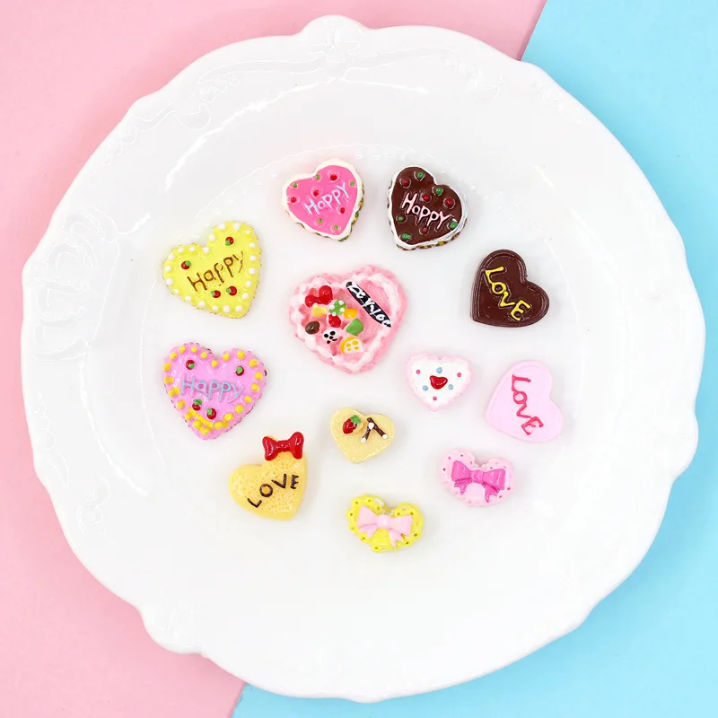 

10pcs Mixed Heart Shape Resin Cake Mini Figurine Kawaii Material Scrapbook Diy Embellishments Flatback Cabochon Miniatures Charm