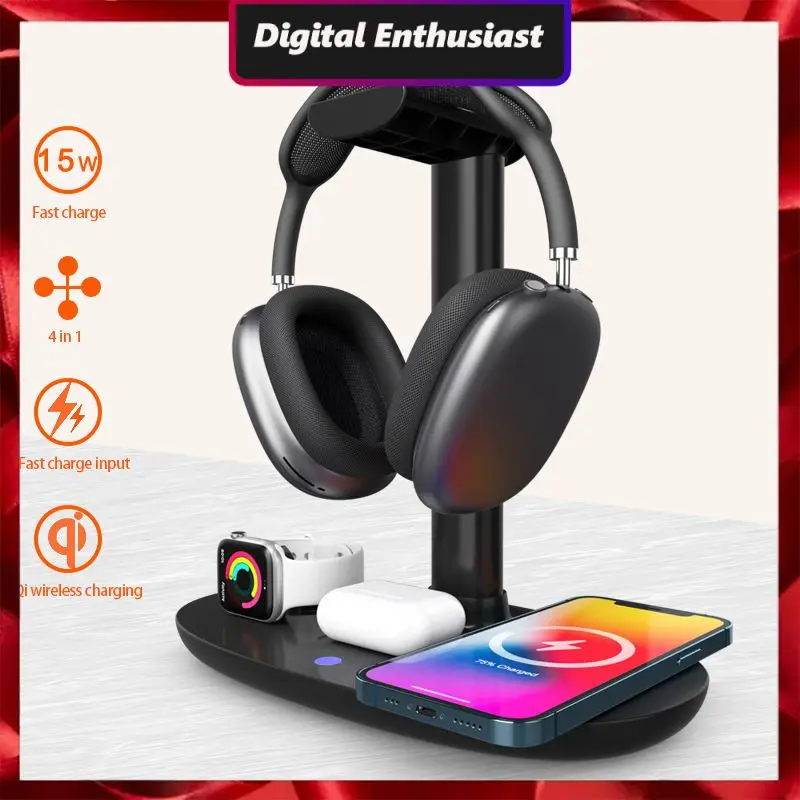 

4 In 1 Charger Mini Charger Stand Portable Wireless Dock Station For Iphone 14 13 12 11 X Fast Charging Headphone Holder 15w