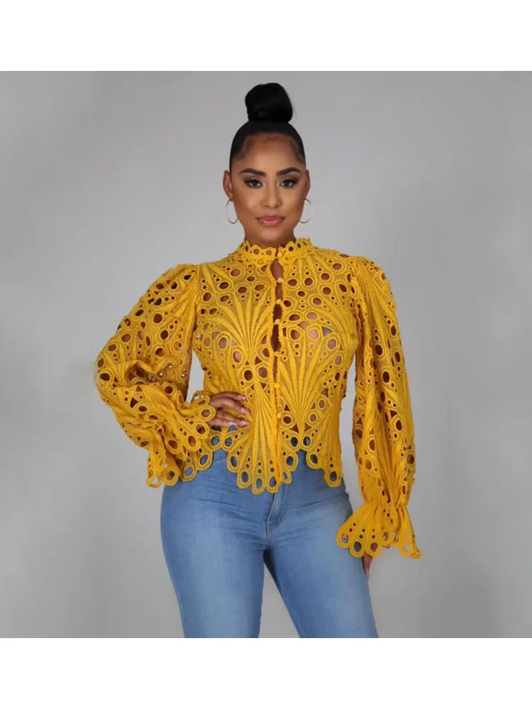Женская кружевная блузка с длинными рукавами-фонариками и воротником-стойкой |