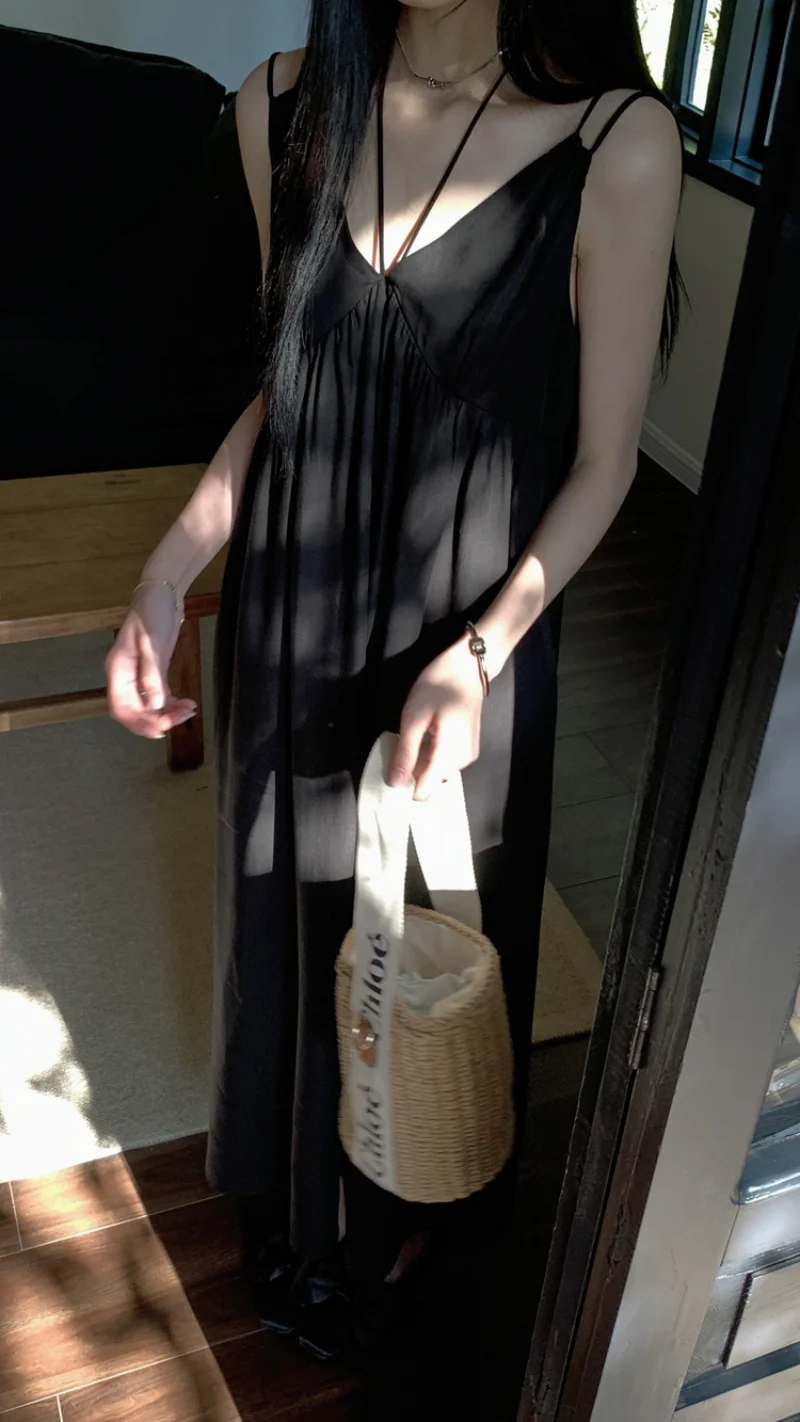 

WDMSNA винтажное черное платье на бретельках для женщин весенние шикарные платья с V-образным вырезом новые свободные повседневные высококачественные длинные платья для женщин