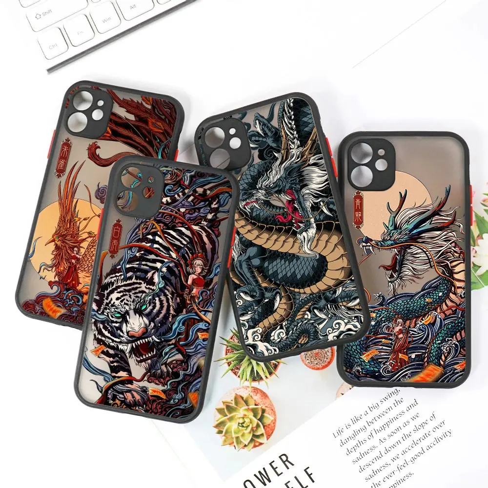 

Cool Tiger Dragon Cloud Pattern Matte Case For iPhone 14 13 Pro Max 12 11 Pro SE 2020 X XS XR 7 8 Plus Luxury Fundas Clear Cover