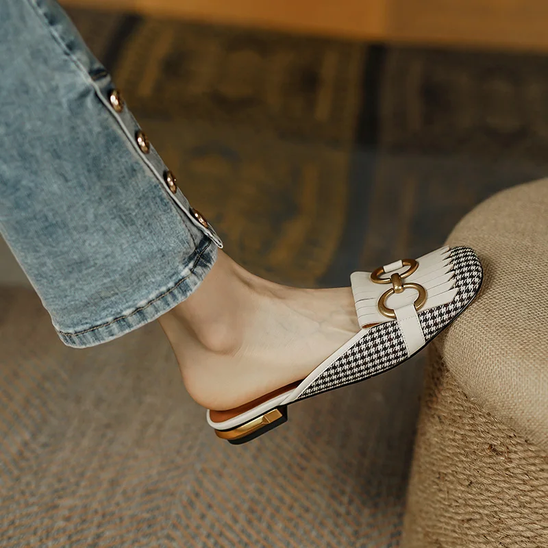 

2022 womens sandals natural leather 22-24.5cm cowhide +houndstooth fabric upper Metal Ring Fringe Vintage Slippers bottoms women