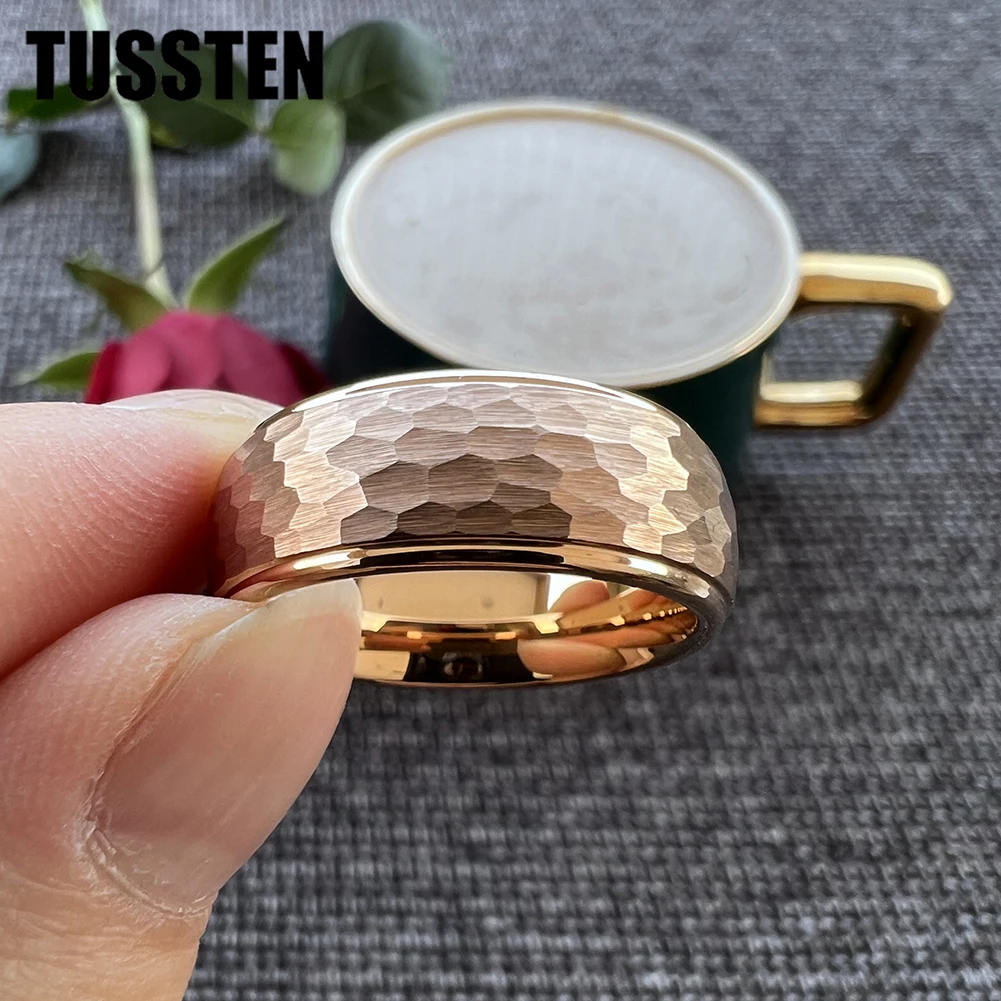

Dropshipping TUSSTEN 6MM/8MM Tungsten Finger Ring Men Women Rose Gold Wedding Band Domed Stepped Hammered Comfort Fit
