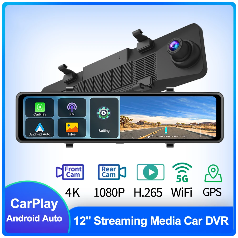 

12 Inch Wireless CarPlay Android Auto Car DVR ADAS Rearview Mirror Camera GPS Navigation AUX FM Night Vision Video Recorder