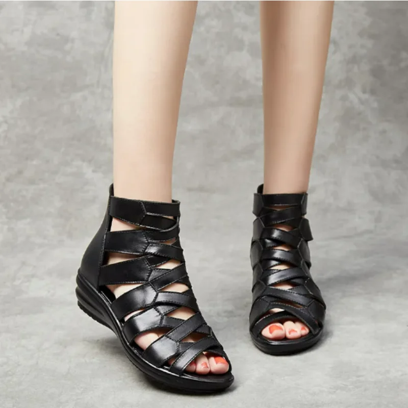 Gladiator Wedge Sandals Female Summer Middle-heeled Genuine Leather Soft Sole Comfortable Women Sandals Shoes