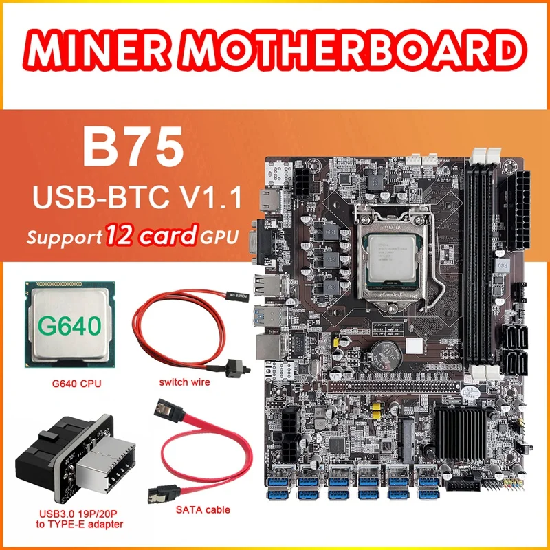 B75 12 Card BTC Mining Motherboard+G640 CPU+USB3.0 Adapter+SATA Cable+Switch Line 12XUSB3.0 Slot LGA1155 DDR3 RAM MSATA