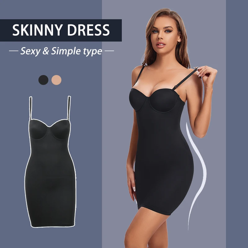 WECHERY Stretch Shaper Dress Women Body Shapewear Party Control Slips Underwear Sexy Strappy Underdress Nude Black