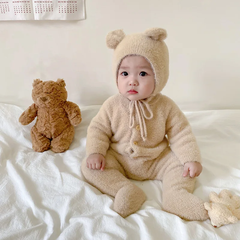

Новый бархатный комбинезон с милым медведем, зимняя теплая одежда для маленьких мальчиков с длинными рукавами, одежда для маленьких девочек, комбинезон для новорожденных