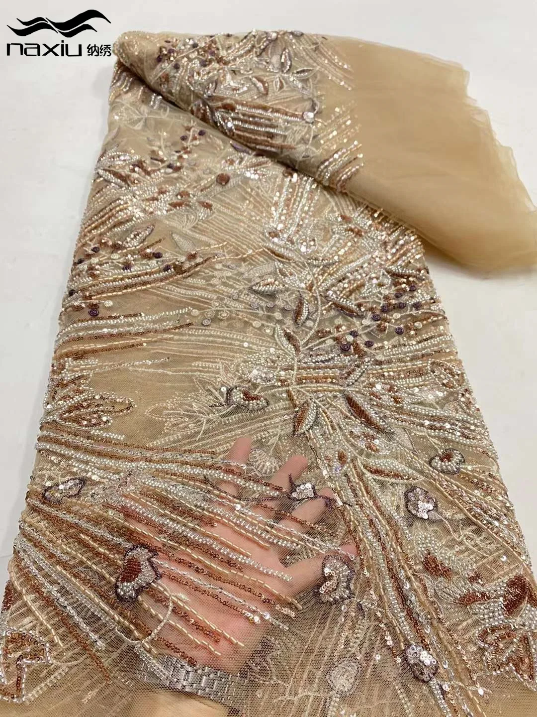 Роскошная кружевная ткань Madison с блестками и бусинами для свадьбы новый дизайн 2024