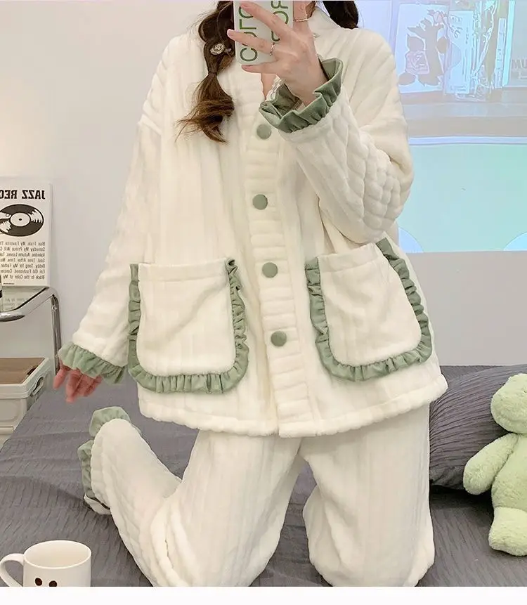 Yasuk Autumn Winter Women's Casual Lovely Sweet Girl Warm Soft Sleepwear Loose Pajamas With Pants  Velvet Simple Lace Pocket