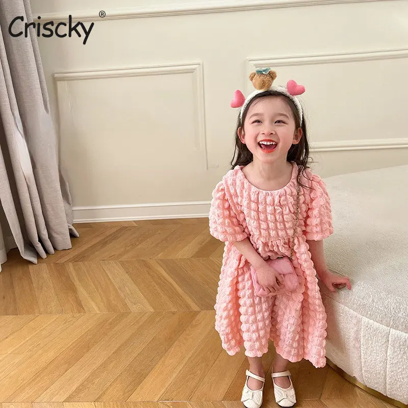 

Платье принцессы для девочек, весенне-летнее однотонное детское платье с коротким рукавом-фонариком, детские костюмы, одежда