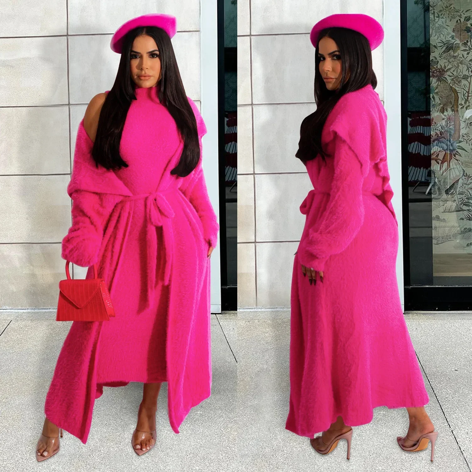 Женские комплекты платьев из двух предметов кардиган с длинным рукавом и круглым