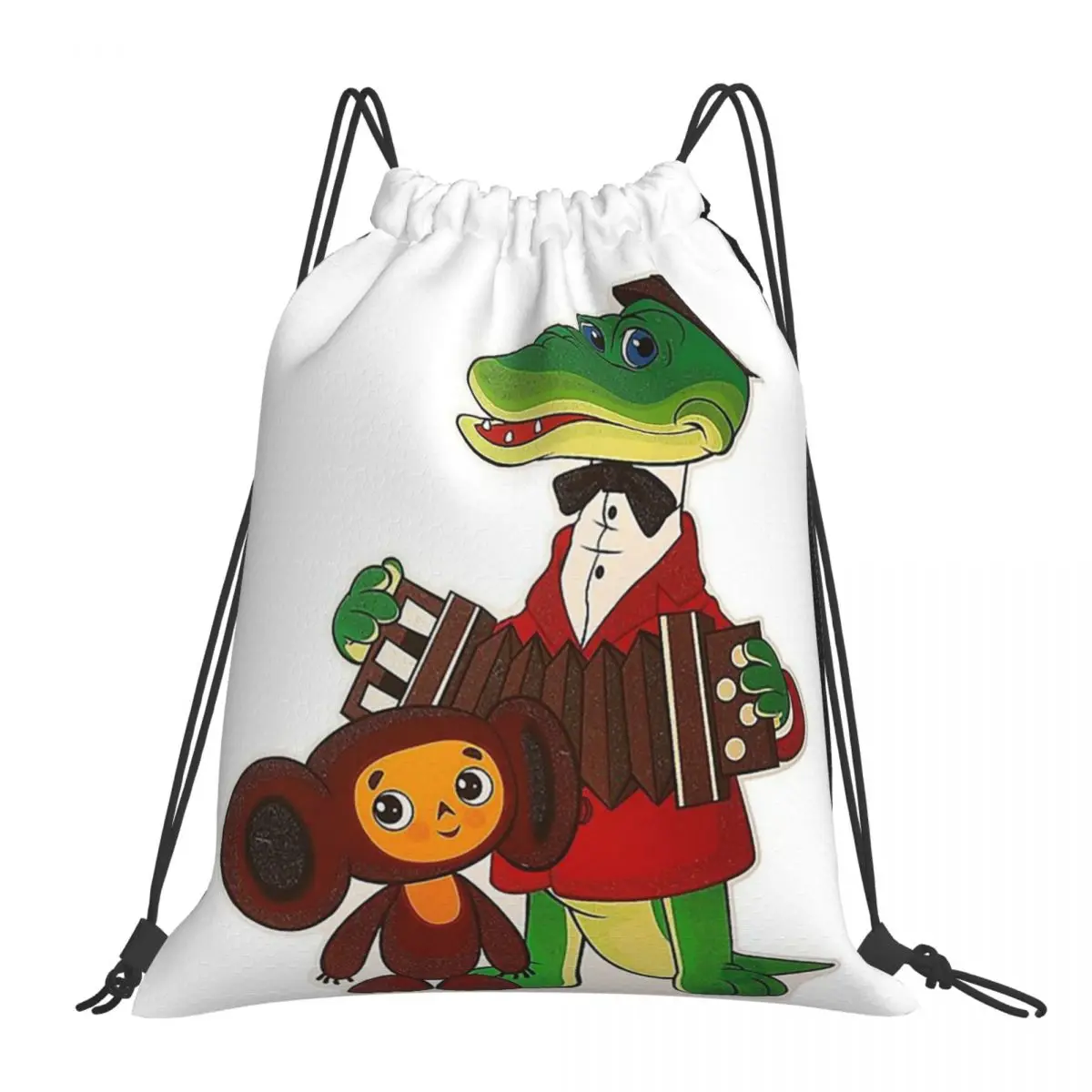 

Cheburashka And Gena Backpacks Fashion Portable Drawstring Bag Drawstring Bundle Pocket Sports Bag Book Bag For Man Woman School