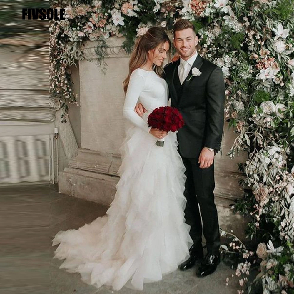 

Fivsole Tiered Sweep Train Wedding Dresses 2022 New Spring Women's Dress Simple Full Sleeves Bridal Gowns Robe De Soirée Femme
