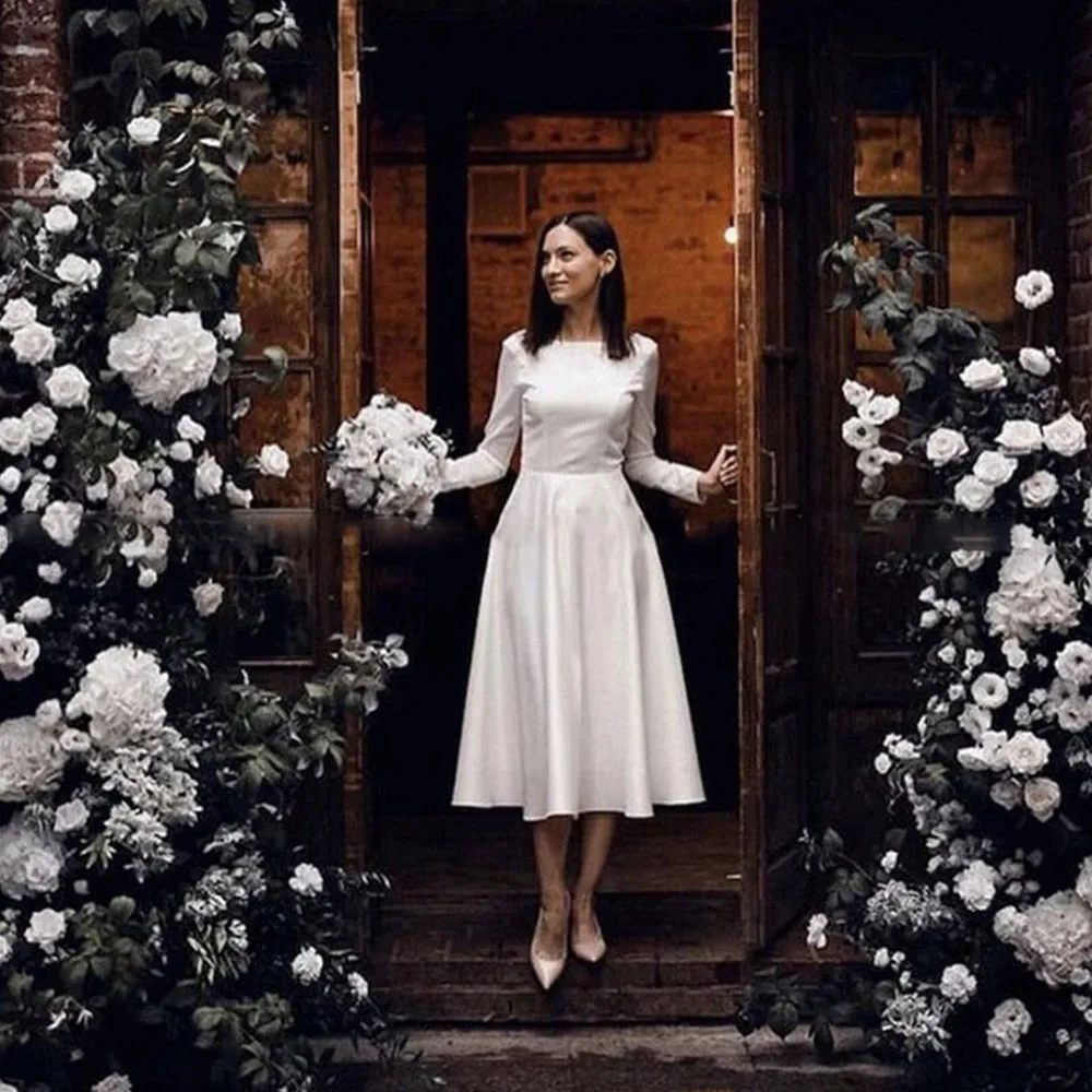

High Quality Wedding Dresses O-Neck Full Sleeves Zipper Backless Bride Gowns Simple A-Line Satin Tea-Length Vestido De Noiva